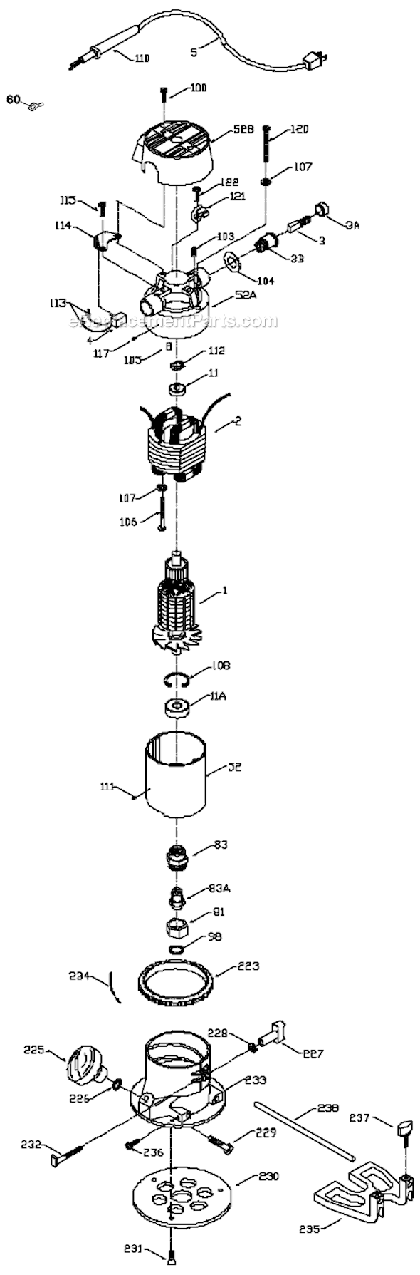Page A Diagram and Parts List for 6301 Type 1 Porter Cable Router